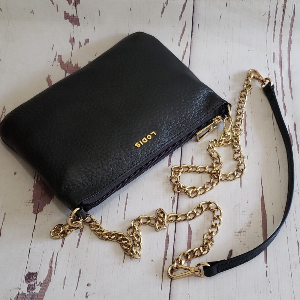 Lodis black pebble leather small crossbody chain strap bag new